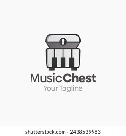 Ilustración Vector Gráfico Logo de la tienda del pecho. Combinación de los conceptos de caja del tesoro y forma de piano. Bueno para el centro de investigación, industria de juegos, curso de música, agencia y etc