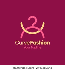 Ilustración Vector Logo gráfico de la moda de la curva. Fusión de los conceptos de una forma de línea curva y Hanger Fashion Bueno para la industria de la moda, lavandería de negocios, boutique, ropa, sastre y etc