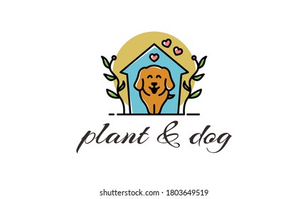 illustration vector graphic logo design. pictogram logo. modern, whims, playful style. dog and plant