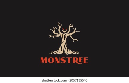 illustration vector graphic logo design for combination of an abstract monster and a dry tree, old tree with unique style