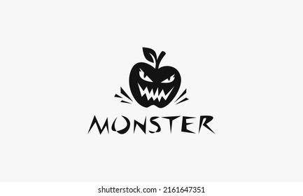 illustration vector graphic logo design, pictogram mascot character, scary apple monster