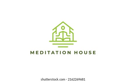 illustration vector graphic logo design, pictogram logo combination house and meditating person in green color, modern simple minimalist style