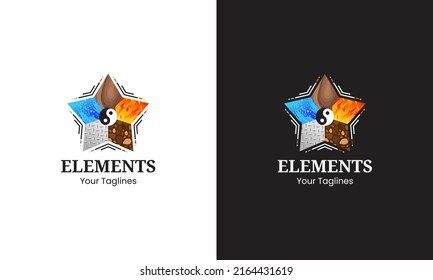 illustration vector graphic logo design, combination star shapes, yin yang, and five elements, wood, fire, earth, metal, water