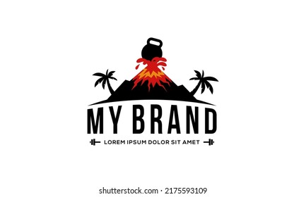 illustration vector graphic logo design, pictogram logogram, combination mountain and kettlebell with lava volcanic