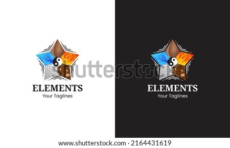 illustration vector graphic logo design, combination star shapes, yin yang, and five elements, wood, fire, earth, metal, water