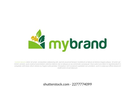 illustration vector graphic logo designs. pictogram logo combination leaves and farm field. fruit vegetable harvest