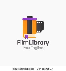 Ilustración Vector Logo gráfico de la Biblioteca de películas. Conceptos fusionados de una película de libro y rollo. Bueno para la Educación, curso, aprendizaje, academia, etc