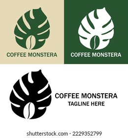 ilustración vectorial gráfico del logo monstera café, para los fanáticos de monstera y café. Elementos de diseño de vectores, signos comerciales, etiquetas, insignias, logotipos, identidad y otros objetos de marca para su negocio.