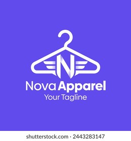 Illustration Vector Graphic Logo of Nova Apparel. Merging Concepts of a Hanger Fashion and Initial N with Wings Alphabet Shape. Good for Fashion Industry, Business Laundry, Boutique, Garment, Tailor.