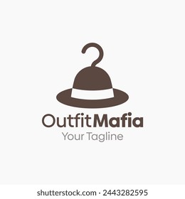 Illustration Vector Graphic Logo of Outfit Mafia. Merging Concepts of a Hanger Fashion and Mafia Hat Shape. Good for Fashion Industry, Business Laundry, Boutique, Garment, Tailor and etc