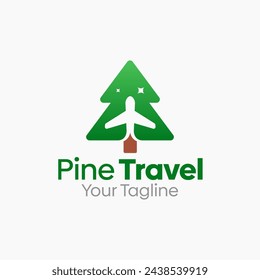 Ilustración Vector Logo gráfico de viaje de pino. Combinación de conceptos de una forma de viaje en avión y en pino. Bueno para agencia de viajes, transporte, agencia y etc