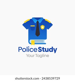 Ilustración Vector Logo gráfico de estudio de la policía. Fusión de los conceptos de un libro y la forma uniforme de la policía. Bueno para la educación, curso, aprendizaje, academia, etc