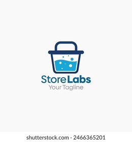 Illustration Vektorgrafik Grafiklogo von Store Labs. Verschmelzung von Konzepten eines Warenkorbs und Liquid Labs Shape. Gut für Unternehmen, Startup, Firmenlogo