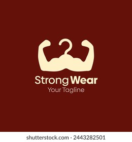 Illustration Vector Graphic Logo of Strong Wear. Merging Concepts of a Hanger Fashion and Hand Biceps Shape. Good for Fashion Industry, Business Laundry, Boutique, Garment, Tailor and etc