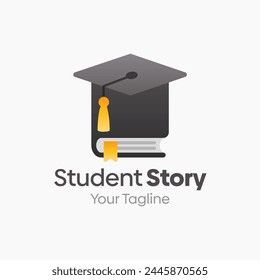 Ilustración Vector Logo gráfico de la historia del estudiante. Fusión de conceptos de un libro y sombrero de graduado bueno para la Educación, curso, aprendizaje, academia, etc