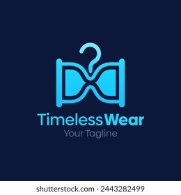 Illustration Vector Graphic Logo of Timeless Wear. Merging Concepts of a Hanger Fashion and Hourglass. Good for Fashion Industry, Business Laundry, Boutique, Garment, Tailor and etc