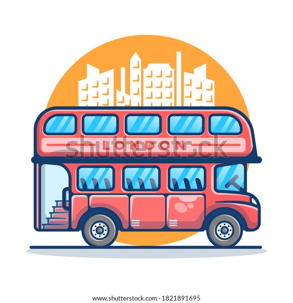 Illustration\
vector graphic of London Bus Transportation. London Bus with City\
Silhouette in background. Flat cartoon style perfect for sticker,\
wallpaper, icon, landing page,\
website.