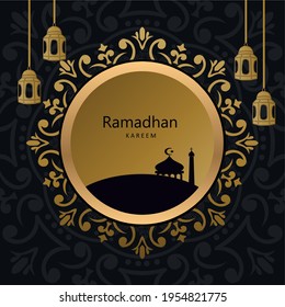 Illustration vector graphic Luxury ornament, lantern and mosque on the earth silhouette. The Islamic holy month of Ramadhan, Ramadan Kareem. Perfect for concept of presentation, banner, and cover