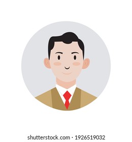 Illustration vector graphic of male avatar icon wearing a brown suit and red tie with black curly hair. perfect for profile photos, branding etc.
