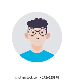 Illustration vector graphic of male avatar icon wearing a blue shirt, short curly hair and glasses. perfect for profile photos, branding etc.