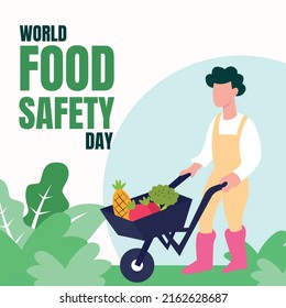 illustration vector graphic of male farmer carrying a trolley filled with fruit and vegetables, perfect for world food safety day, celebrate, greeting card, etc.