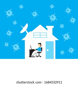 Illustration vector graphic male flat character work from home to stay a live avoid Covid-19. Good to use for healthcare and medical content. 
