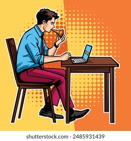 illustration vector graphic of a male office worker eating a slice of pizza
