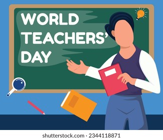 illustration vector graphic of a male teacher is posing teaching in front of the class, perfect for international day, world teachers day, celebrate, greeting card, etc.