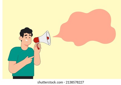 Ilustración vectorial gráfica del hombre anunciando a través de la publicidad de altavoces. Perfecto para la comunicación en línea de marketing empresarial, el anuncio de la promoción y el concepto de banners, plantilla, web, etc.
