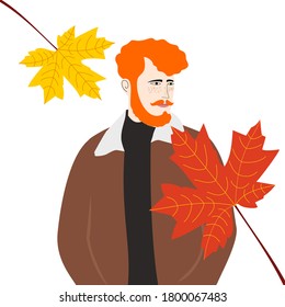 illustration vector graphic of 
man in autumn style 
and fallen leaves