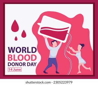 illustration vector graphic of a man brings a bag of blood, showing drops of blood, perfect for international day, world blood donor day, celebrate, greeting card, etc.