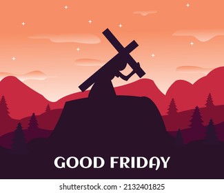 illustration vector graphic of a man carrying a cross on his shoulders on a hill, perfect for religion, holiday, culture, greeting card, etc.