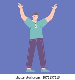 Illustration vector graphic of man cartoon character with being happy in flat design. Business concept. Blue background. Perfect for business promotion, management, marketing.