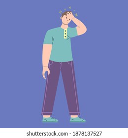 Illustration vector graphic of man cartoon character with headache pose in flat design. Business concept. Blue background. Perfect for business promotion, management, marketing.