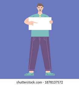 Illustration vector graphic of man cartoon character with paper holding pose in flat design. Business concept. Blue background. Perfect for business promotion, management, marketing.