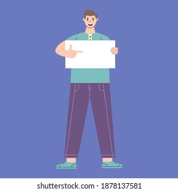 Illustration vector graphic of man cartoon character with paper holding pose in flat design. Business concept. Blue background. Perfect for business promotion, management, marketing.