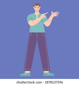 Illustration vector graphic of man cartoon character with pointing pose in flat design. Business concept. Blue background. Perfect for business promotion, management, marketing.