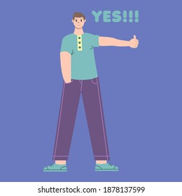 Illustration vector graphic of man cartoon character with thumbs up pose in flat design. Business concept. Blue background. Perfect for business promotion, management, marketing.