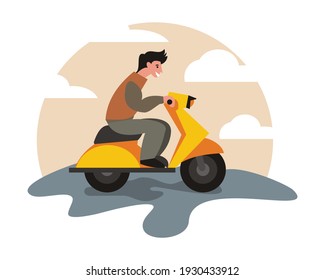 illustration vector graphic of a man is driving a scooter on the road, perfect for holiday, transportation, recreation, lifestyle, etc.