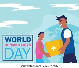 illustration vector graphic of a man gives a donation box to a boy, perfect for international day, world humanitarian day, celebrate, greeting card, etc.