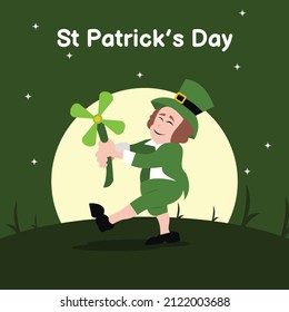 illustration vector graphic of a man in a green dress is holding a green plant, showing the full moon, perfect for religion, holiday, culture, tradition, st patrick day, santo patrisius, rome church