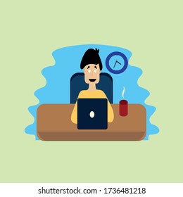 Illustration vector graphic of man have a job on the laptop. Fit for job expression or face expression.