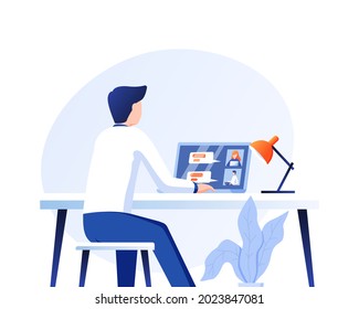 Illustration vector graphic of Man having a conference call with his business team online, telecommuting, remote work and business communications concept