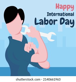 illustration vector graphic of a man holding a wrench, showing hand muscle, perfect for labor day, industrial, celebrate, greeting card, etc.