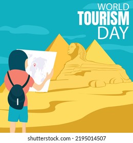 illustration vector graphic of man holding world map in egypt tourist destination, showing sphinx statue and pyramid in desert, perfect for world tourism day, celebrate, greeting card, etc.