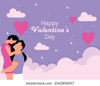 illustration vector graphic of a man holding a woman, displaying clouds and a heart symbol, perfect for international day, happy valentines day, celebrate, greeting card, etc.
