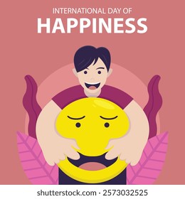 illustration vector graphic of a man holding a cheerful balloon, perfect for international day, international day of happiness, celebrate, greeting card, etc.