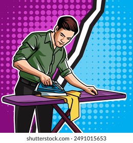 Illustration vector graphic of a man is ironing clothes