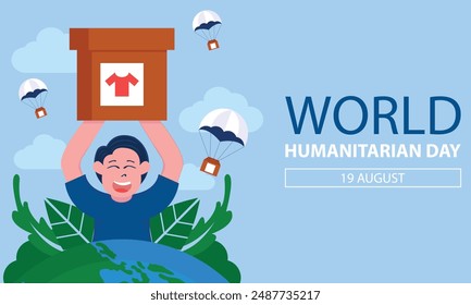 illustration vector graphic of a man is lifting a cardboard box that fell by parachuting, perfect for international day, world humanitarian day, celebrate, greeting card, etc.