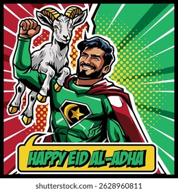 Illustration vector graphic of a man is lifting  a goat, happy eid al adha design 